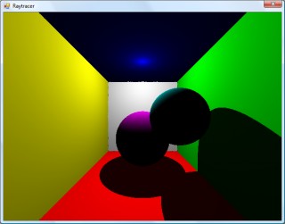 Shadowing test, where each colour value is multiplied by the dot product of the light beam and the surface normal.