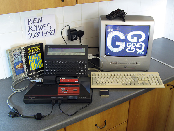 Photograph of the final setup with a Sega Master System running BBC BASIC and a Z88 computer acting as file store.