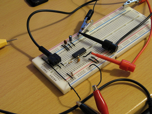 Breadboard with the prototype tape interface on it