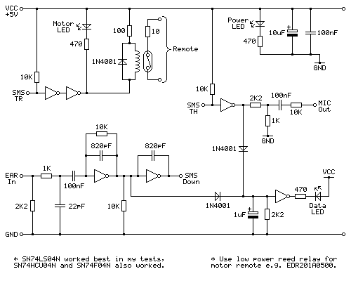 Tape interface circuit for the Sega Master System with added 10Ω resistor on the relay contacts to limit inrush current.