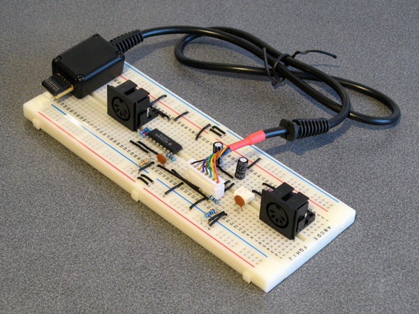 The prototype MIDI interface cable on a breadboard