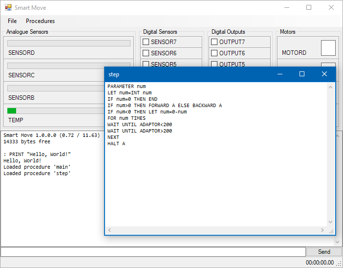 Screenshot of SmartMove .NET application editing a procedure named 'step'
