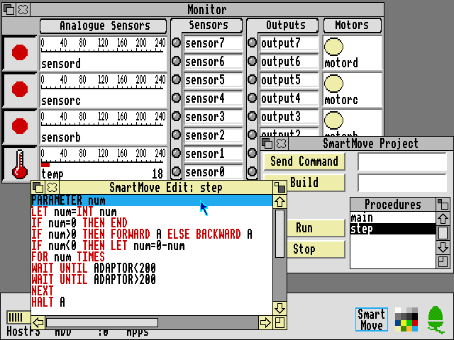 Screenshot of SmartMove RISC OS application editing a procedure named 'step'