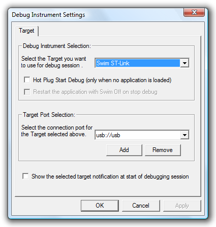 STVD's debug instrument settings form