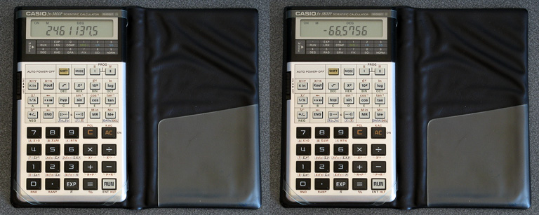 Photo of a Casio fx3800p running a moon phase calculation program